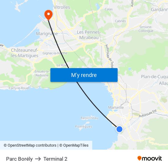 Parc Borély to Terminal 2 map