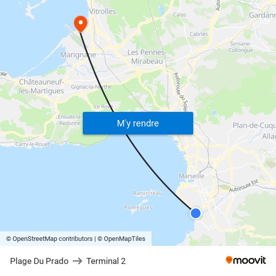 Plage Du Prado to Terminal 2 map