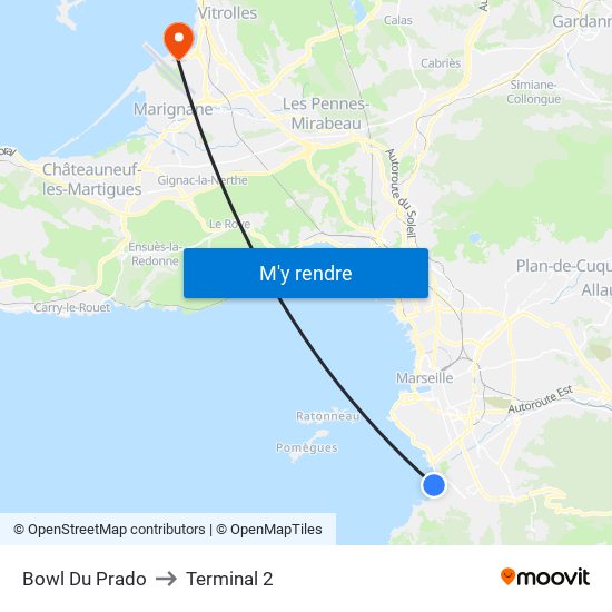 Bowl Du Prado to Terminal 2 map