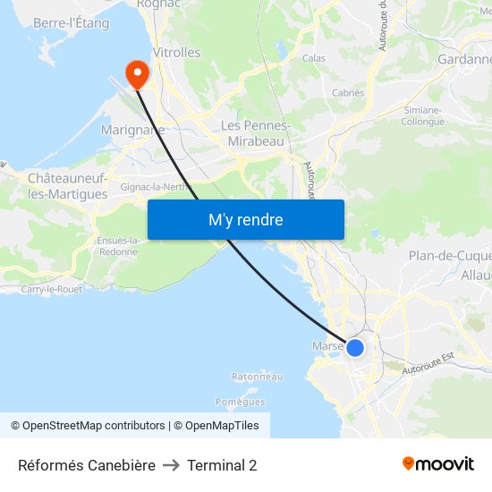 Réformés Canebière to Terminal 2 map