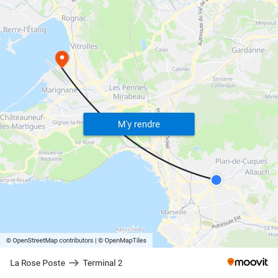 La Rose Poste to Terminal 2 map