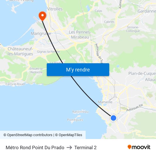 Métro Rond Point Du Prado to Terminal 2 map