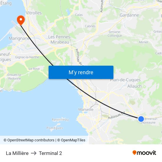 La Millière to Terminal 2 map