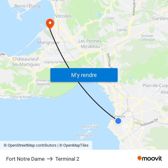 Fort Notre Dame to Terminal 2 map