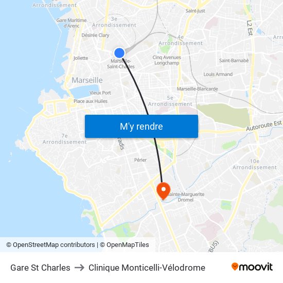 Gare St Charles to Clinique Monticelli-Vélodrome map