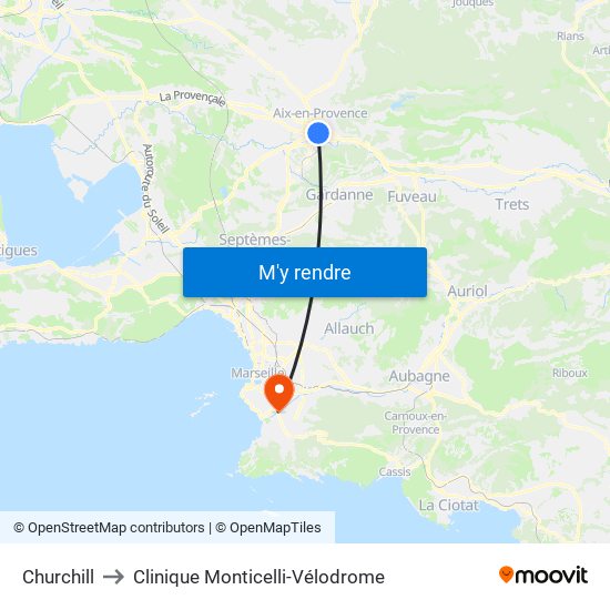 Churchill to Clinique Monticelli-Vélodrome map