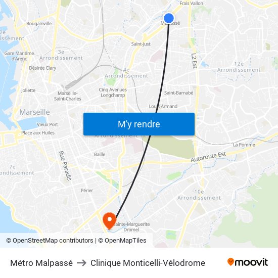 Métro Malpassé to Clinique Monticelli-Vélodrome map