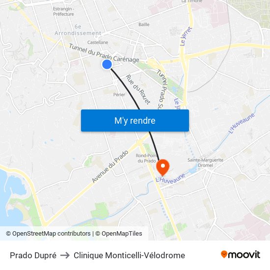 Prado Dupré to Clinique Monticelli-Vélodrome map