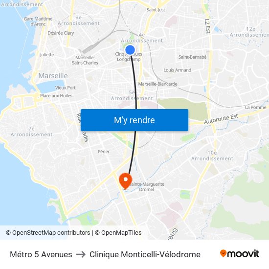 Métro 5 Avenues to Clinique Monticelli-Vélodrome map
