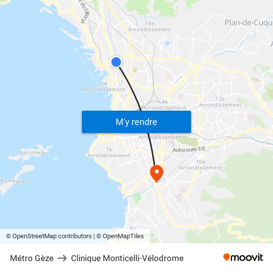 Métro Gèze to Clinique Monticelli-Vélodrome map
