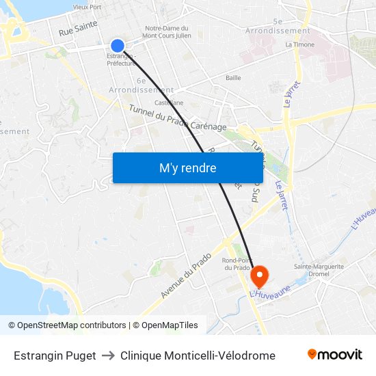 Estrangin Puget to Clinique Monticelli-Vélodrome map