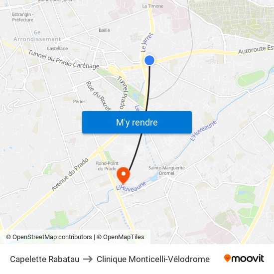 Capelette Rabatau to Clinique Monticelli-Vélodrome map