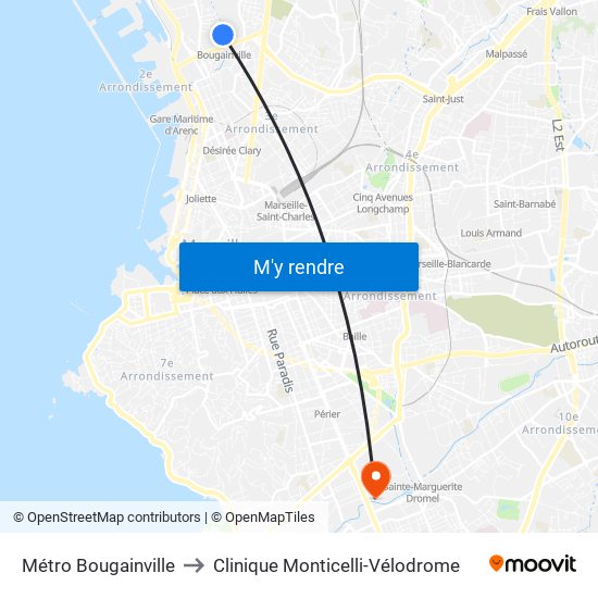 Métro Bougainville to Clinique Monticelli-Vélodrome map
