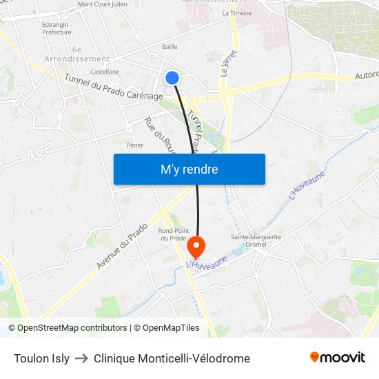 Toulon Isly to Clinique Monticelli-Vélodrome map