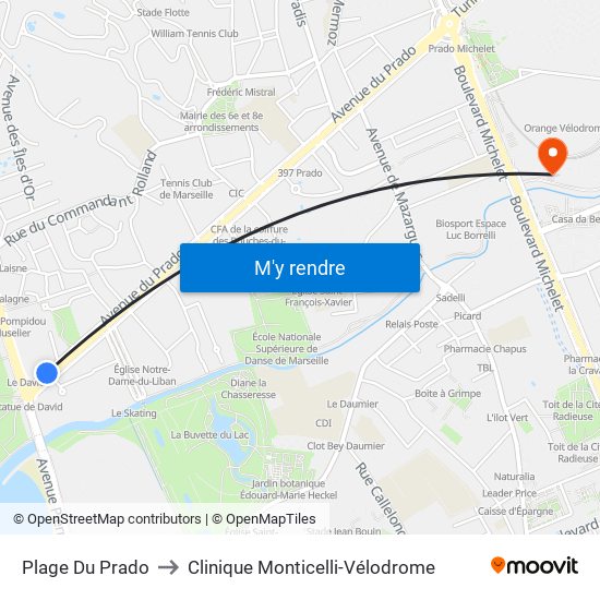 Plage Du Prado to Clinique Monticelli-Vélodrome map