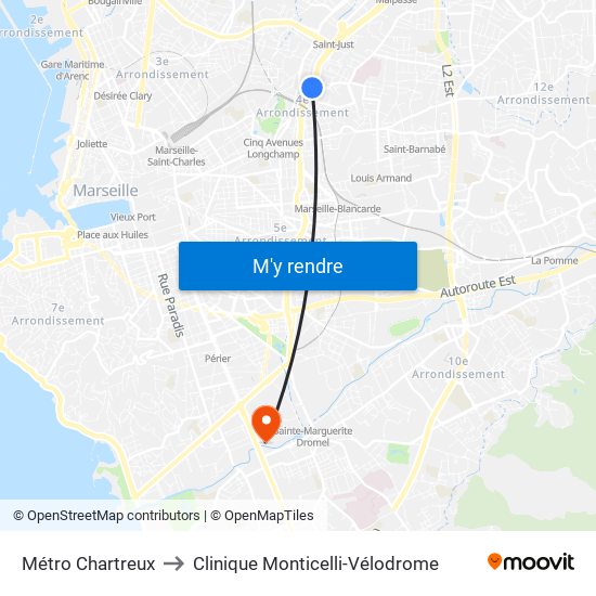 Métro Chartreux to Clinique Monticelli-Vélodrome map