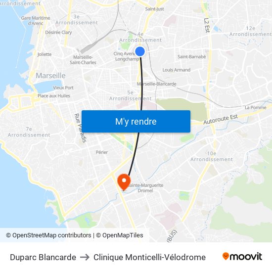 Duparc Blancarde to Clinique Monticelli-Vélodrome map