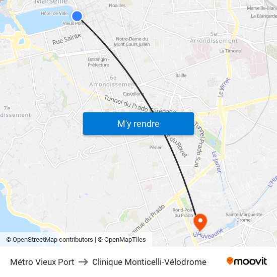 Métro Vieux Port to Clinique Monticelli-Vélodrome map