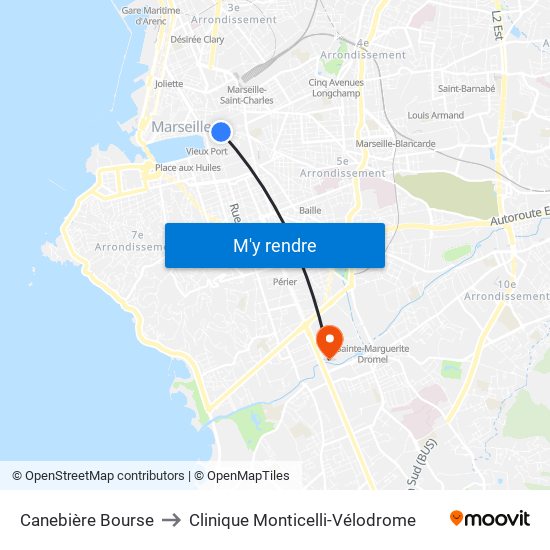Canebière Bourse to Clinique Monticelli-Vélodrome map