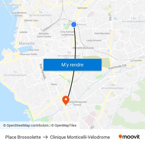 Place Brossolette to Clinique Monticelli-Vélodrome map