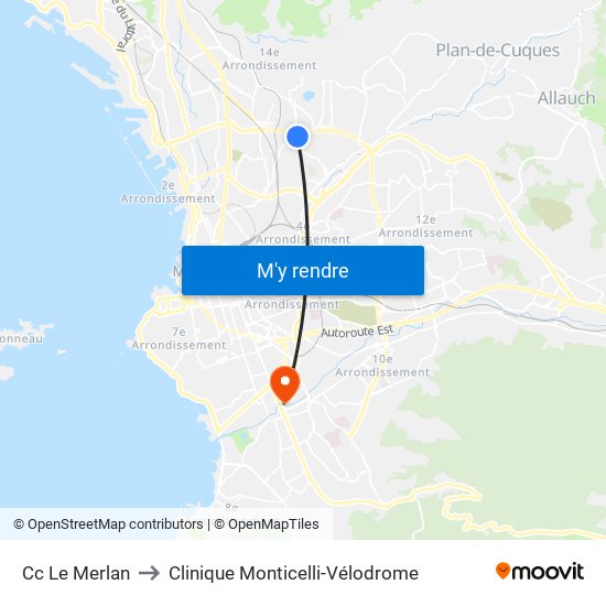 Cc Le Merlan to Clinique Monticelli-Vélodrome map
