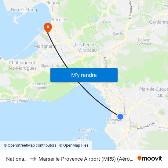 National Guibal to Marseille-Provence Airport (MRS) (Aéroport de Marseille Provence) map