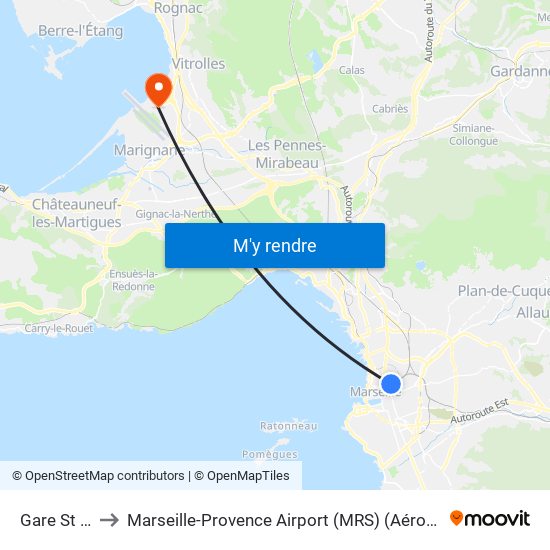 Gare St Charles to Marseille-Provence Airport (MRS) (Aéroport de Marseille Provence) map