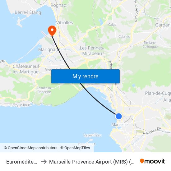 Euroméditerranée Arenc to Marseille-Provence Airport (MRS) (Aéroport de Marseille Provence) map