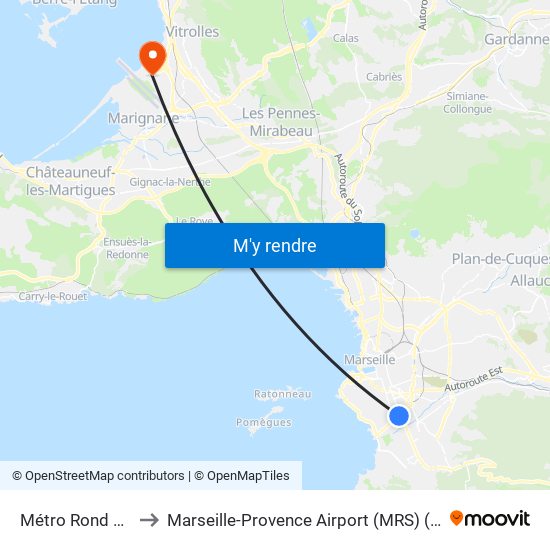 Métro Rond Point Du Prado to Marseille-Provence Airport (MRS) (Aéroport de Marseille Provence) map