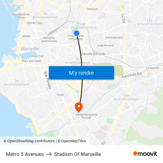 Métro 5 Avenues to Stadium Of Marseille map