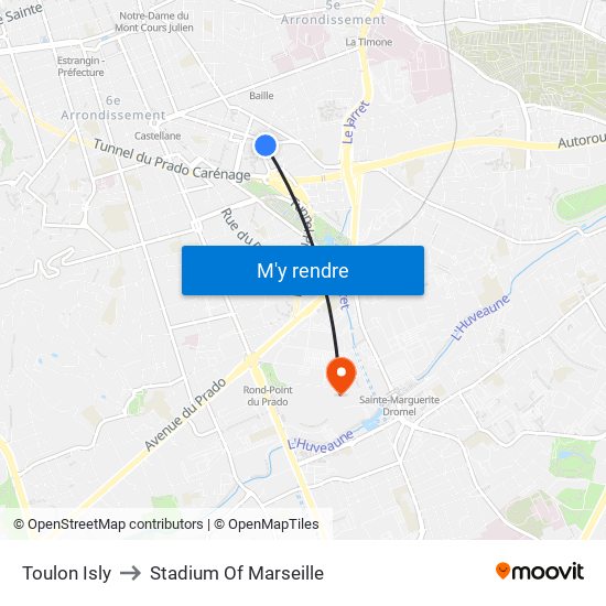 Toulon Isly to Stadium Of Marseille map