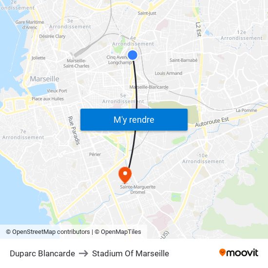 Duparc Blancarde to Stadium Of Marseille map