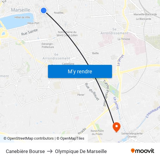 Canebière Bourse to Olympique De Marseille map