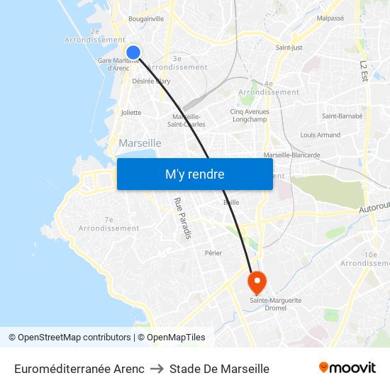 Euroméditerranée Arenc to Stade De Marseille map