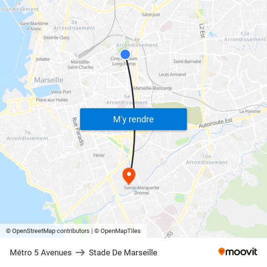 Métro 5 Avenues to Stade De Marseille map