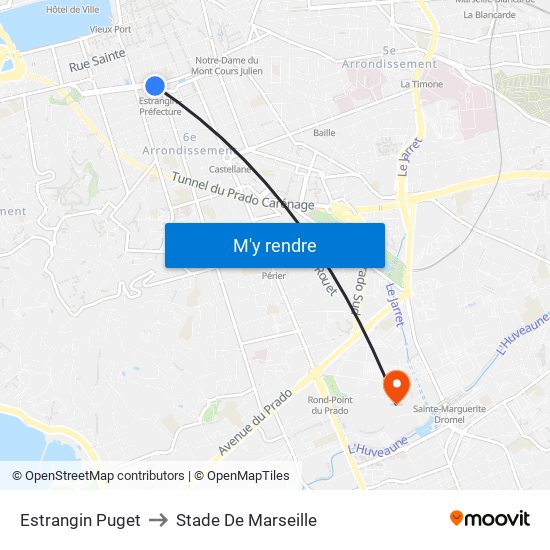 Estrangin Puget to Stade De Marseille map