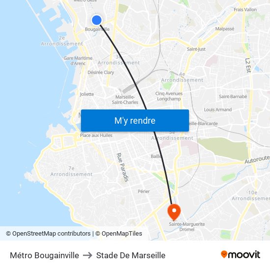 Métro Bougainville to Stade De Marseille map