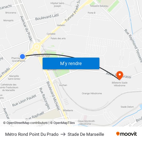 Métro Rond Point Du Prado to Stade De Marseille map