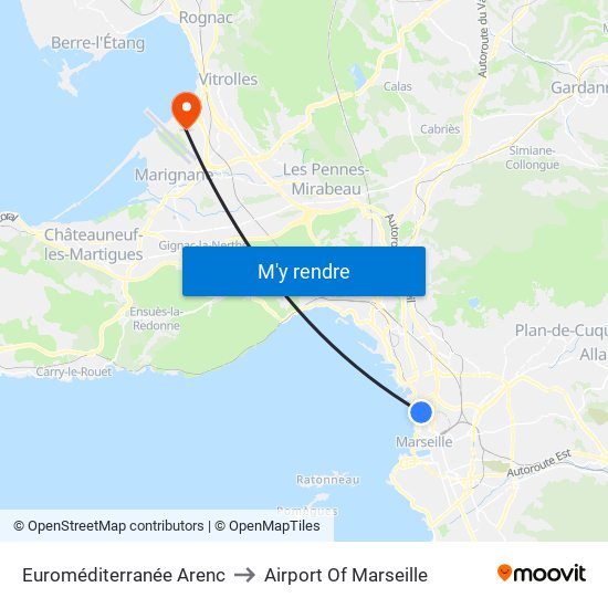 Euroméditerranée Arenc to Airport Of Marseille map