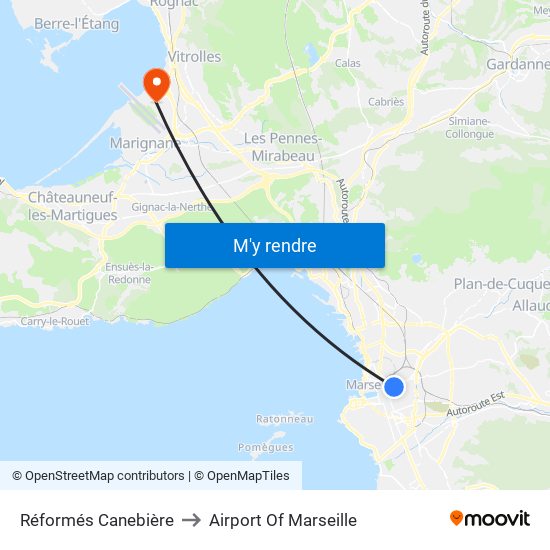 Réformés Canebière to Airport Of Marseille map