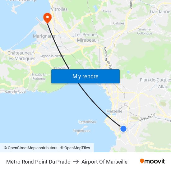 Métro Rond Point Du Prado to Airport Of Marseille map