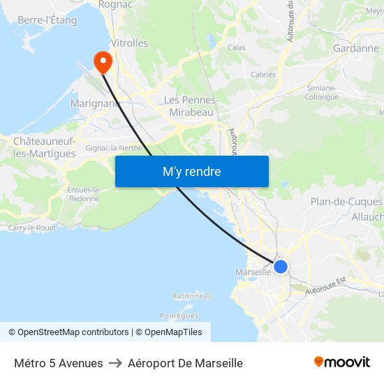 Métro 5 Avenues to Aéroport De Marseille map