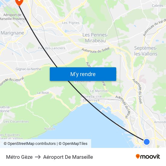 Métro Gèze to Aéroport De Marseille map