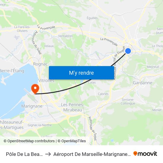 Pôle De La Beauvalle to Aéroport De Marseille-Marignane-Provence map