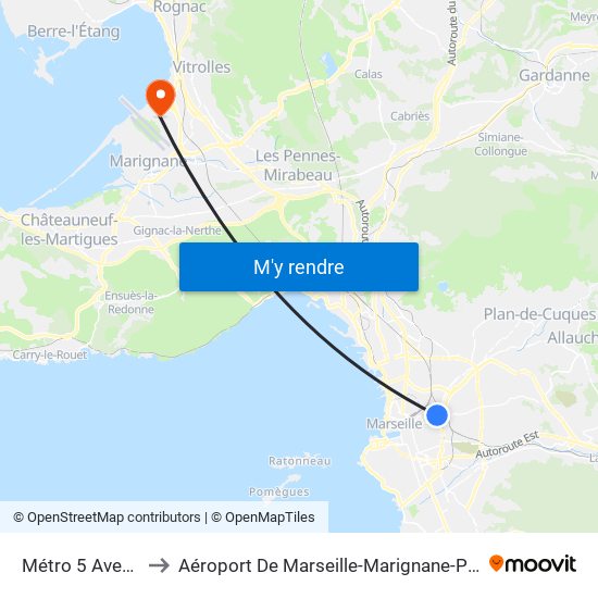 Métro 5 Avenues to Aéroport De Marseille-Marignane-Provence map