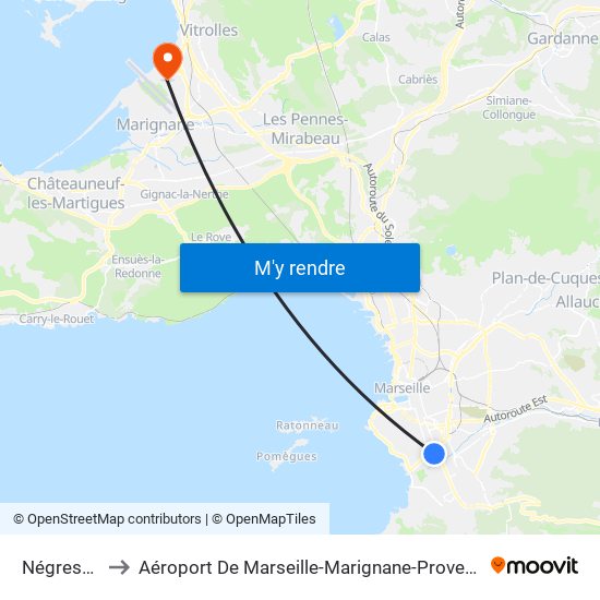 Négresko to Aéroport De Marseille-Marignane-Provence map