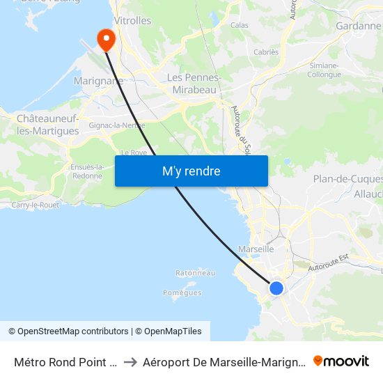 Métro Rond Point Du Prado to Aéroport De Marseille-Marignane-Provence map