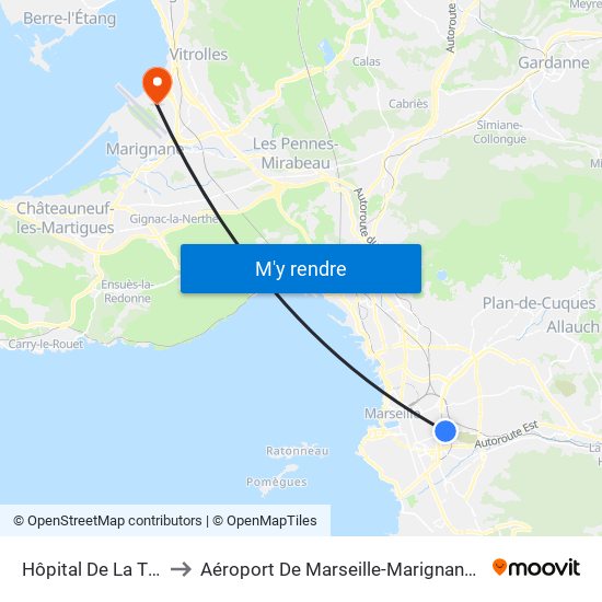 Hôpital De La Timone to Aéroport De Marseille-Marignane-Provence map