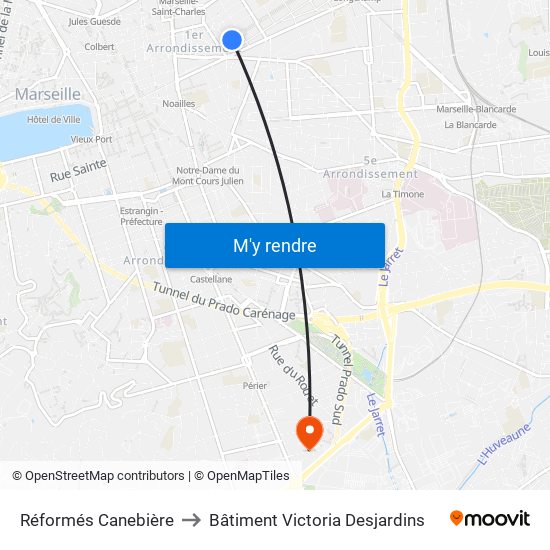 Réformés Canebière to Bâtiment Victoria Desjardins map