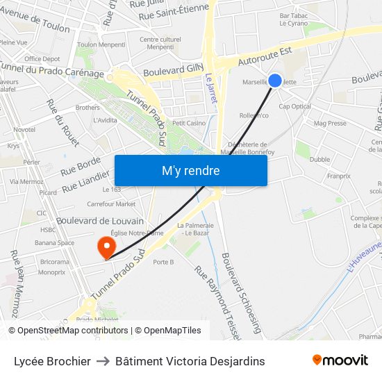 Lycée Brochier to Bâtiment Victoria Desjardins map